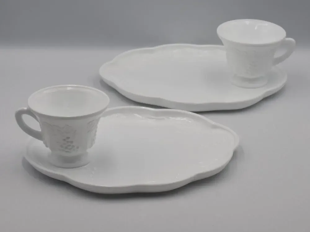Indiana Colony White Harvest Milk Glass Grape Luncheon Snack Tray & Cup 4pc Set